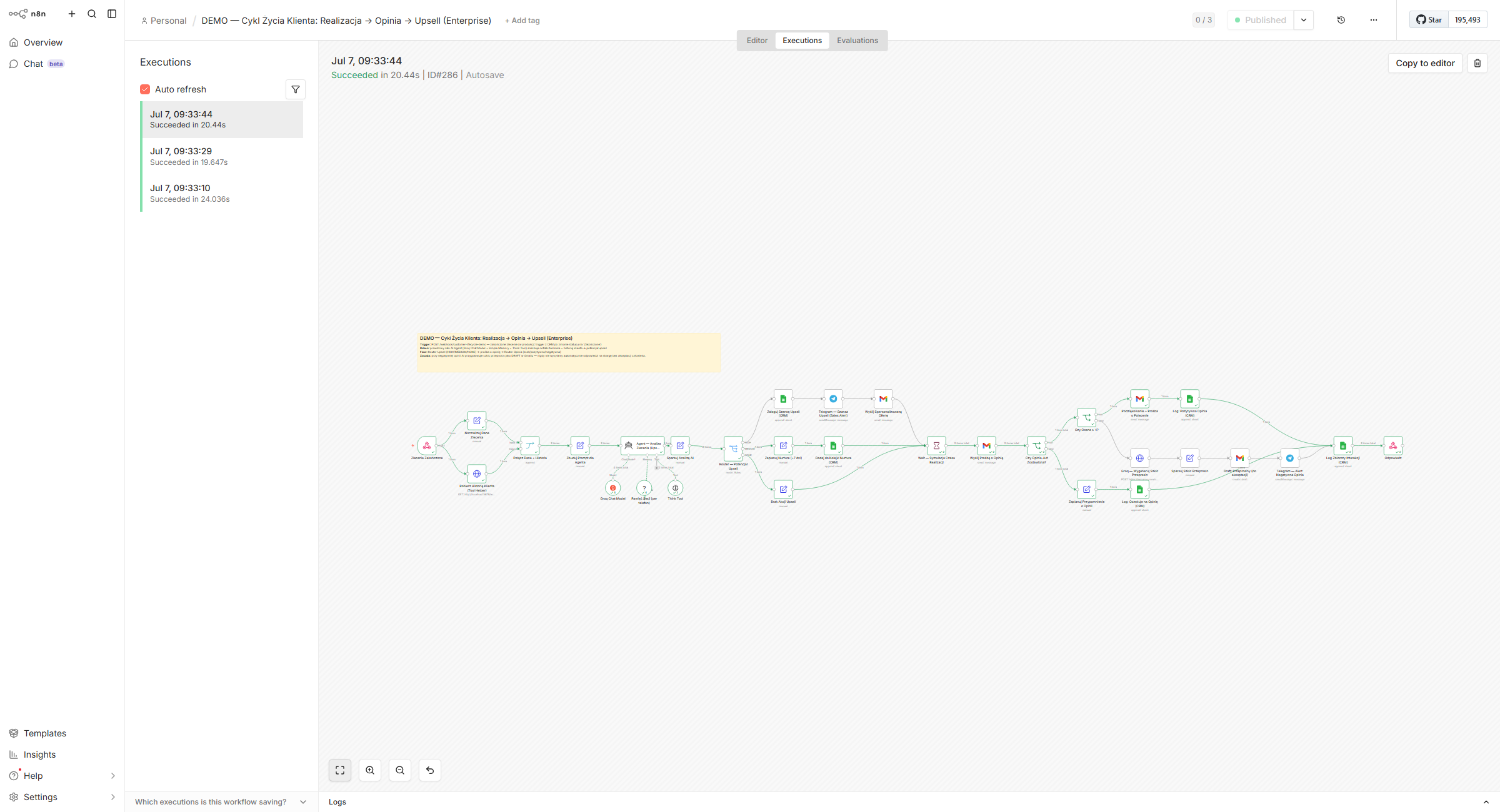Workflow n8n — Cykl Życia Klienta, agent analizujący potencjał sprzedaży dodatkowej i opinie