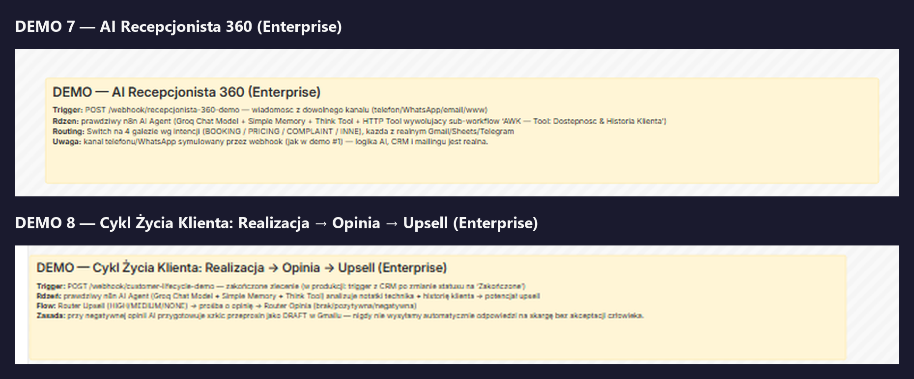 Opisy architektury obu workflowów Enterprise wprost z n8n