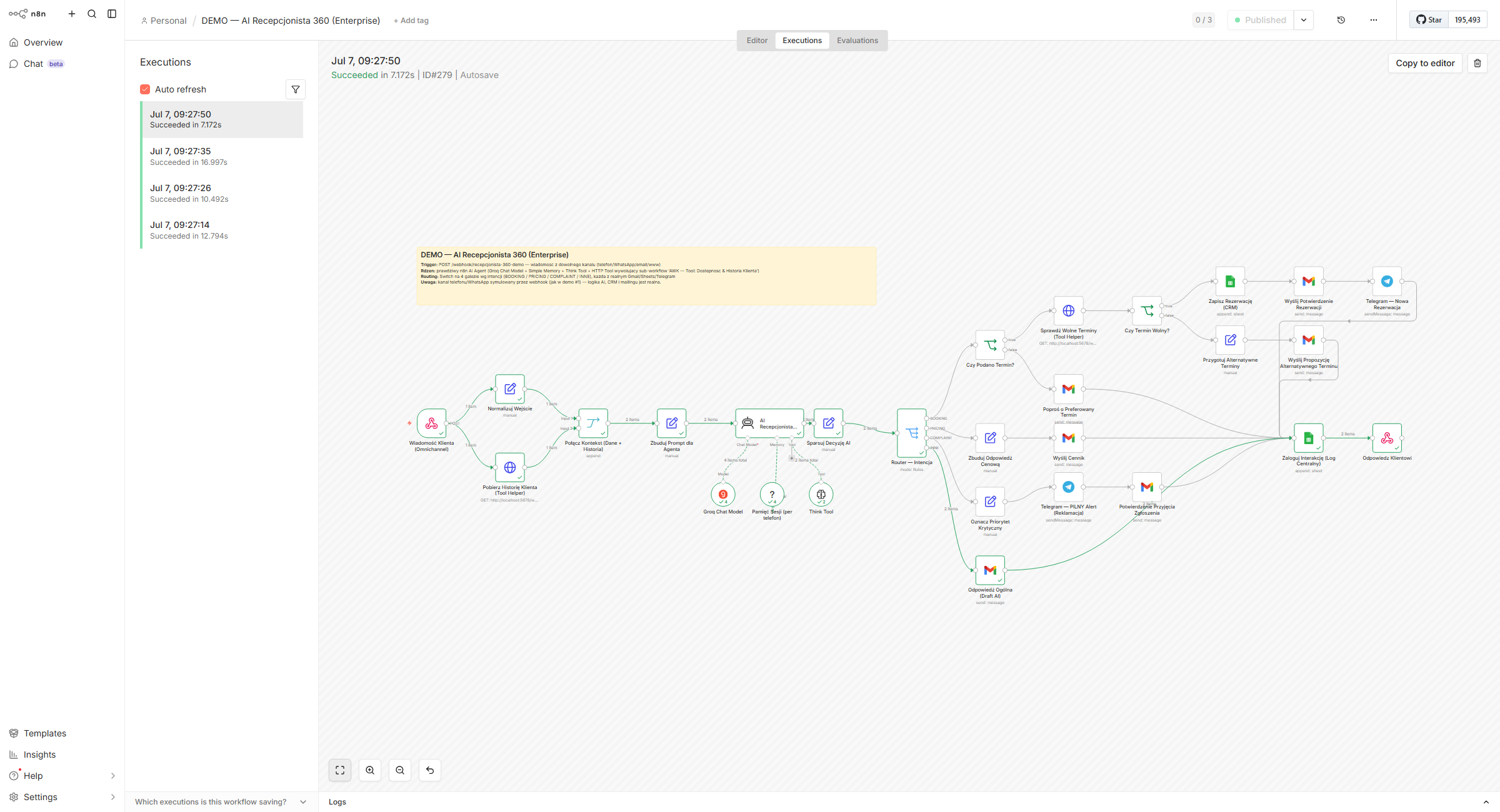 Workflow n8n — AI Recepcjonista 360, prawdziwy AI Agent z pamięcią i narzędziami